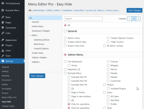 Screenshot of the “Easy Hide” settings page