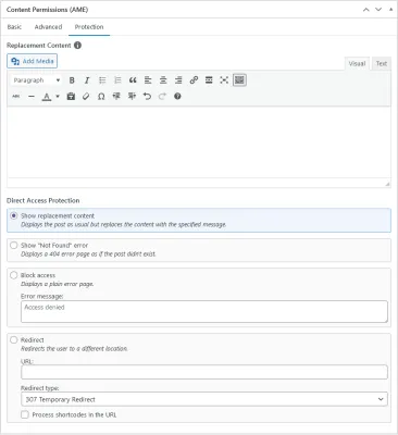 Screenshot of the “Protection” tab in the “Content Permissions” meta box