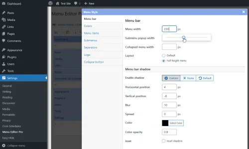 Screenshot of the “Menu bar” tab in the “Style” screen of Admin Menu Editor Pro. Menu width has been increased and menu layout has been changed to full-height.