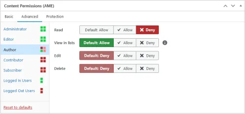 Screenshot of the “Advanced” tab in the “Content Permissions” meta box