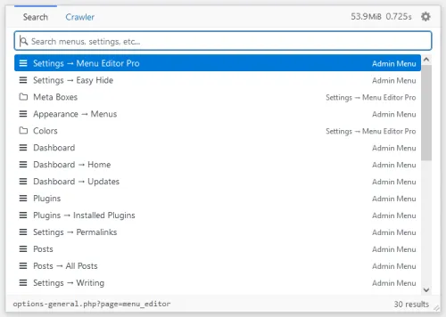 Screenshot of the “Quick Search” popup. The search box is empty and some recently visited menu items are listed below it.