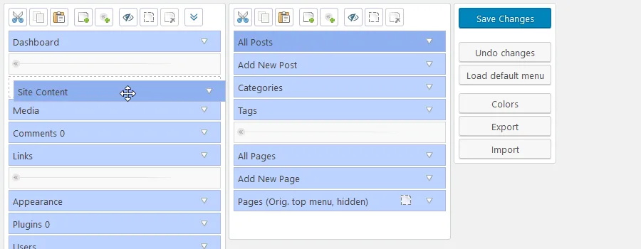 Drag and drop menu items