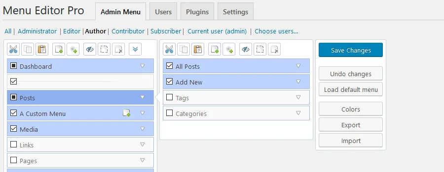 Admin menu editor interface