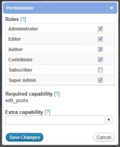 Menu permissions dialog