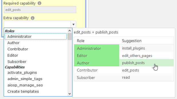 Screenshot of the "extra capability" dropdown and the capability suggestions table