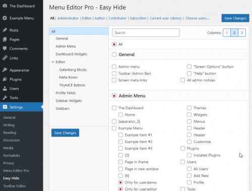 Screenshot of the "Easy Hide" settings page