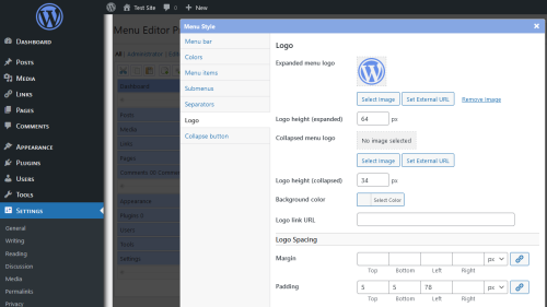 Screenshot of the "Logo" tab in the "Style" screen of Admin Menu Editor Pro. A custom logo has been added to the top of the WordPress admin menu.