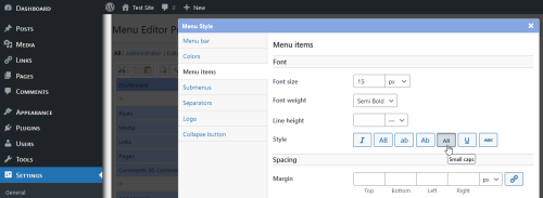 Screenshot of the "Menu items" tab in the "Style" screen of Admin Menu Editor Pro. Some menu font styles have been changed.