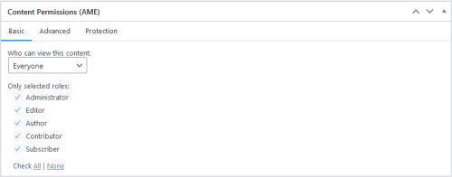 Screenshot of the "Basic" tab in the "Content Permissions" meta box