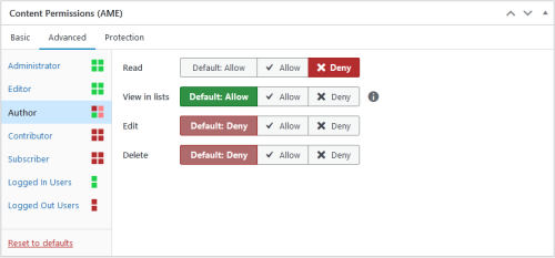 Screenshot of the "Advanced" tab in the "Content Permissions" meta box